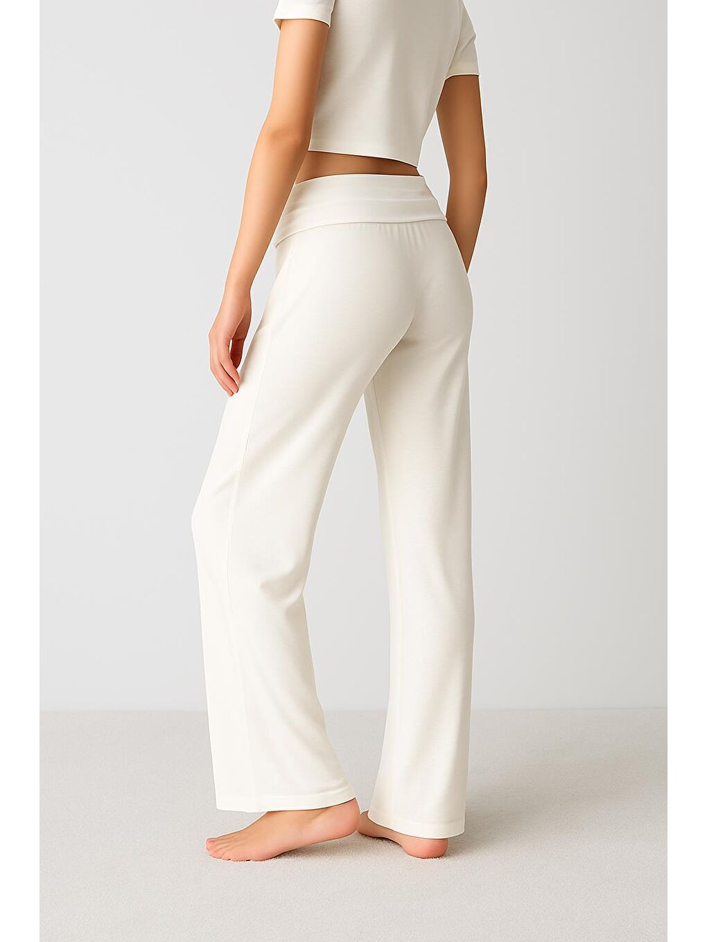 Ekru Düz Paça Katlanan Bel Esnek Viskoz Pantolon VTP01-3