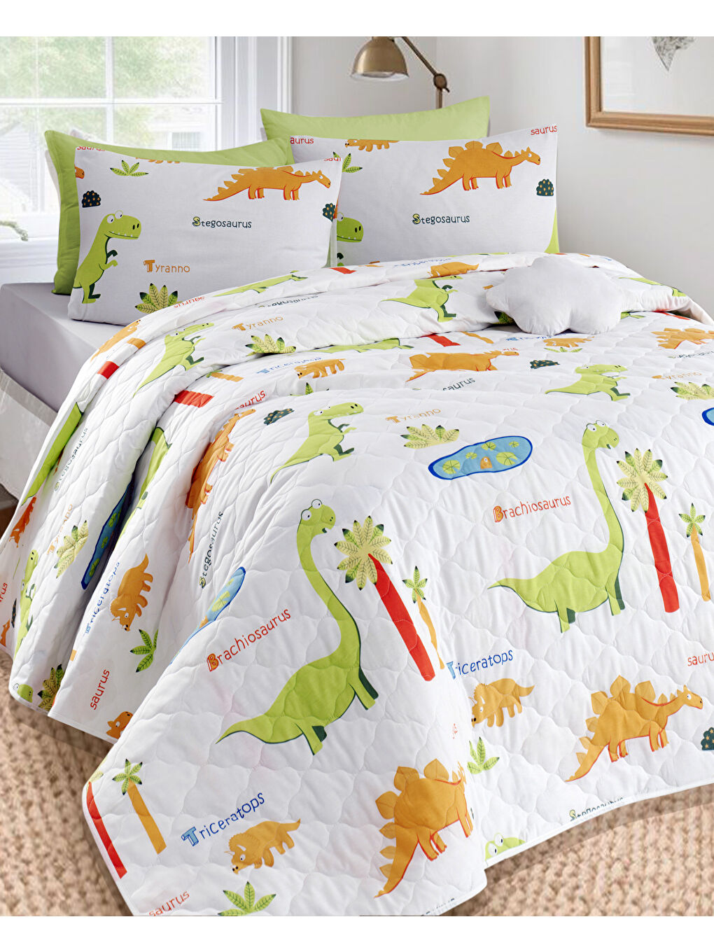 Kapitone Yatak Örtüsü Seti Çift Kişilik Dinolar Beyaz-2