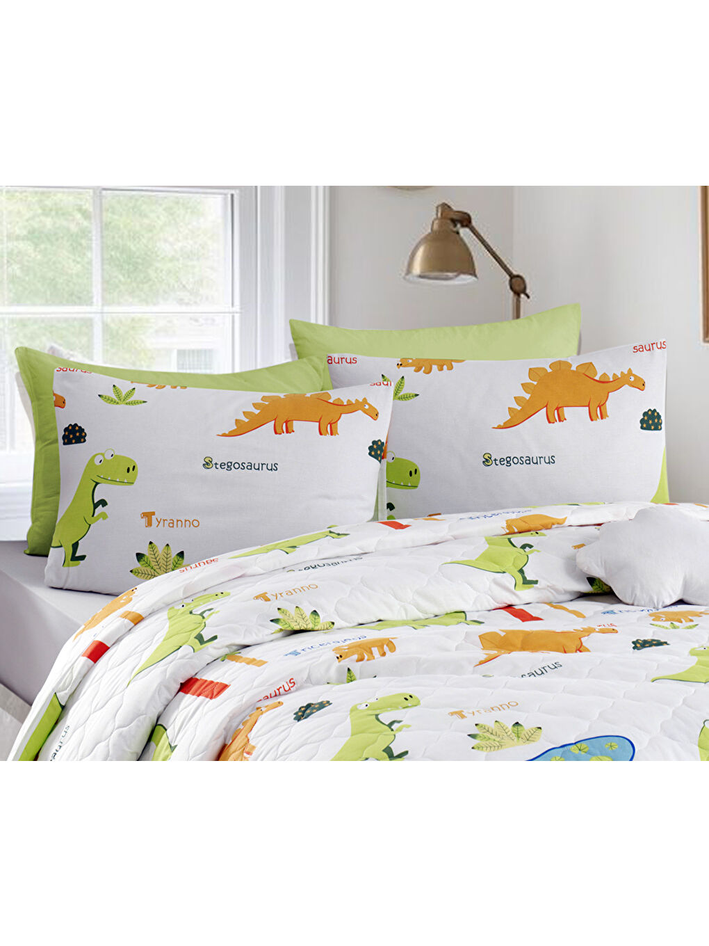 Kapitone Yatak Örtüsü Seti Çift Kişilik Dinolar Beyaz-4