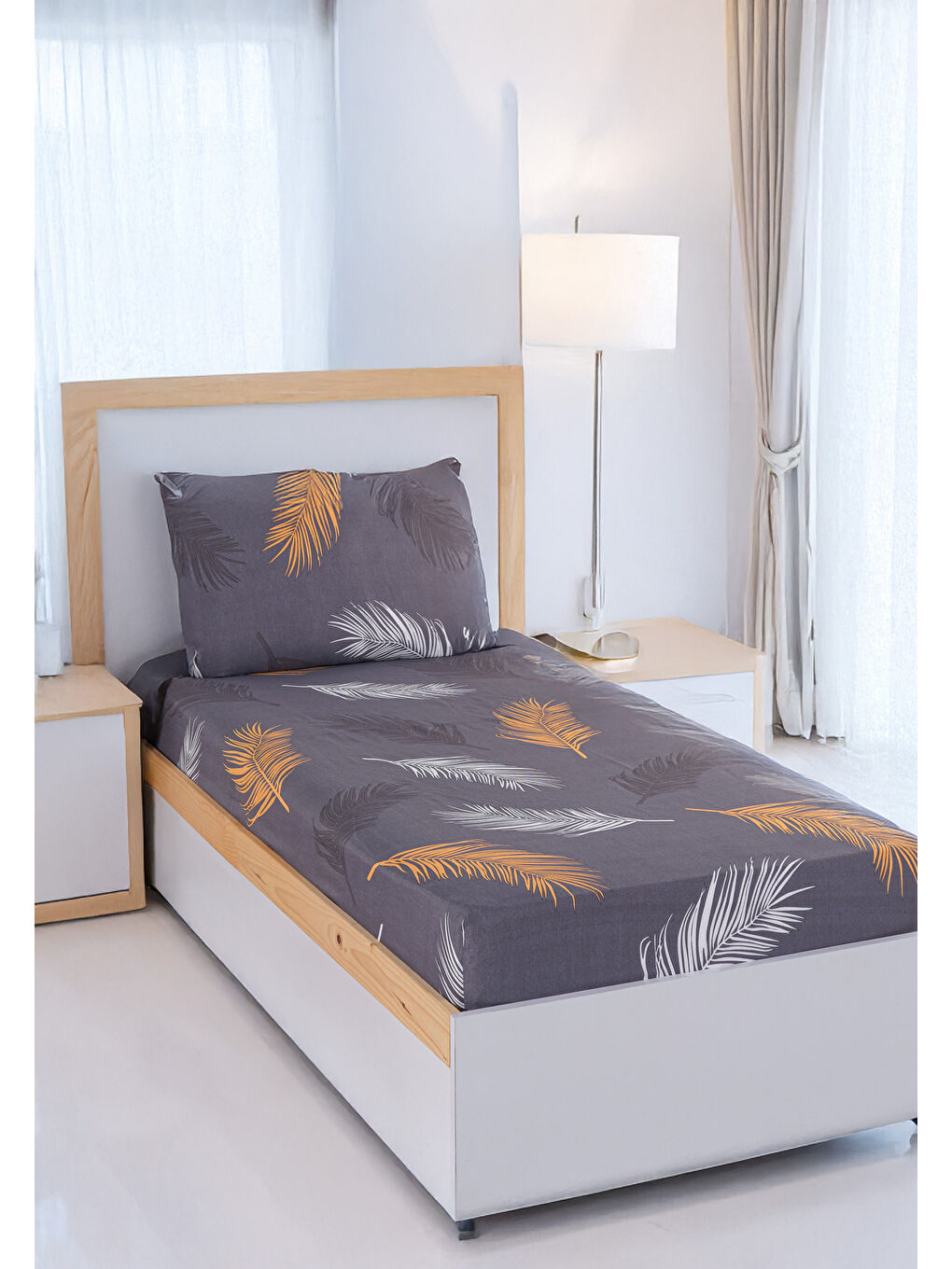 Sarı Pes Lastikli Çarşaf Seti Tek Kişilik Olivia Altın-Gri