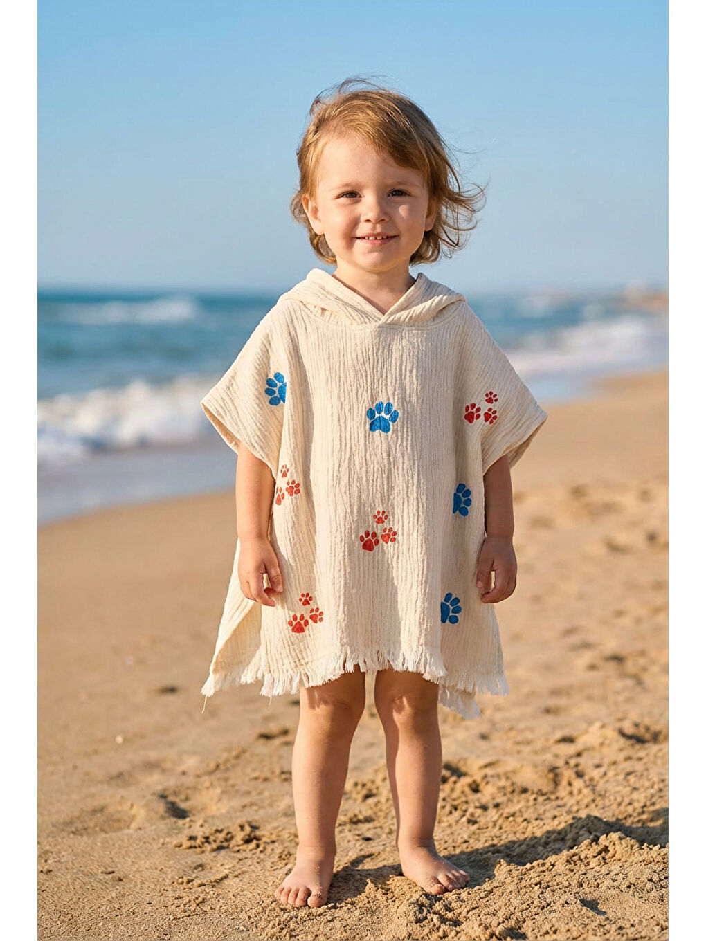 Ekru Organik %100 Pamuk Müslin Çocuk Panço - Pati