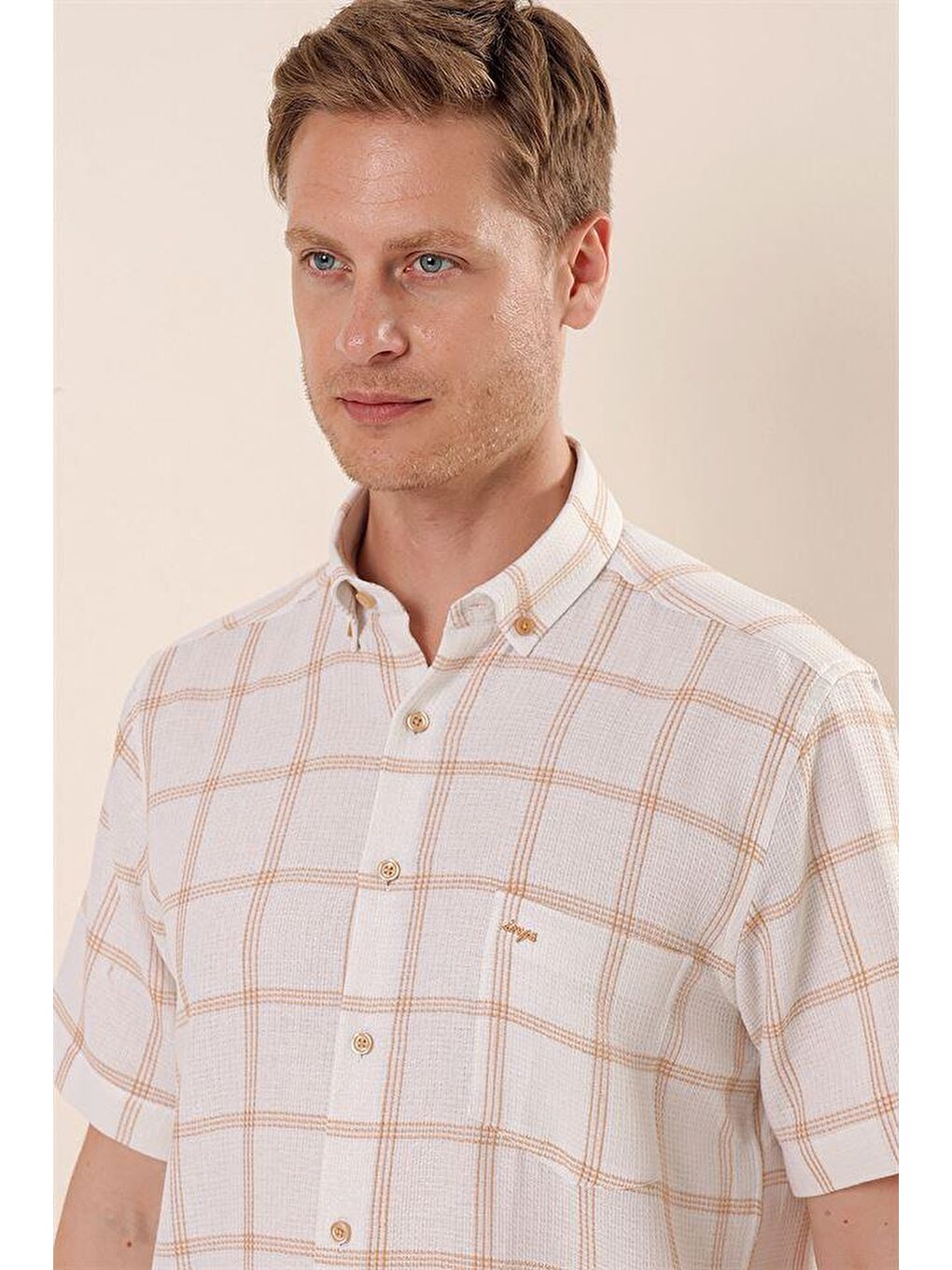 Bej Kısa Kollu  %100 Pamuk Klasik Comfort Fit Rahat Kesim Gömlek 1004230173-3