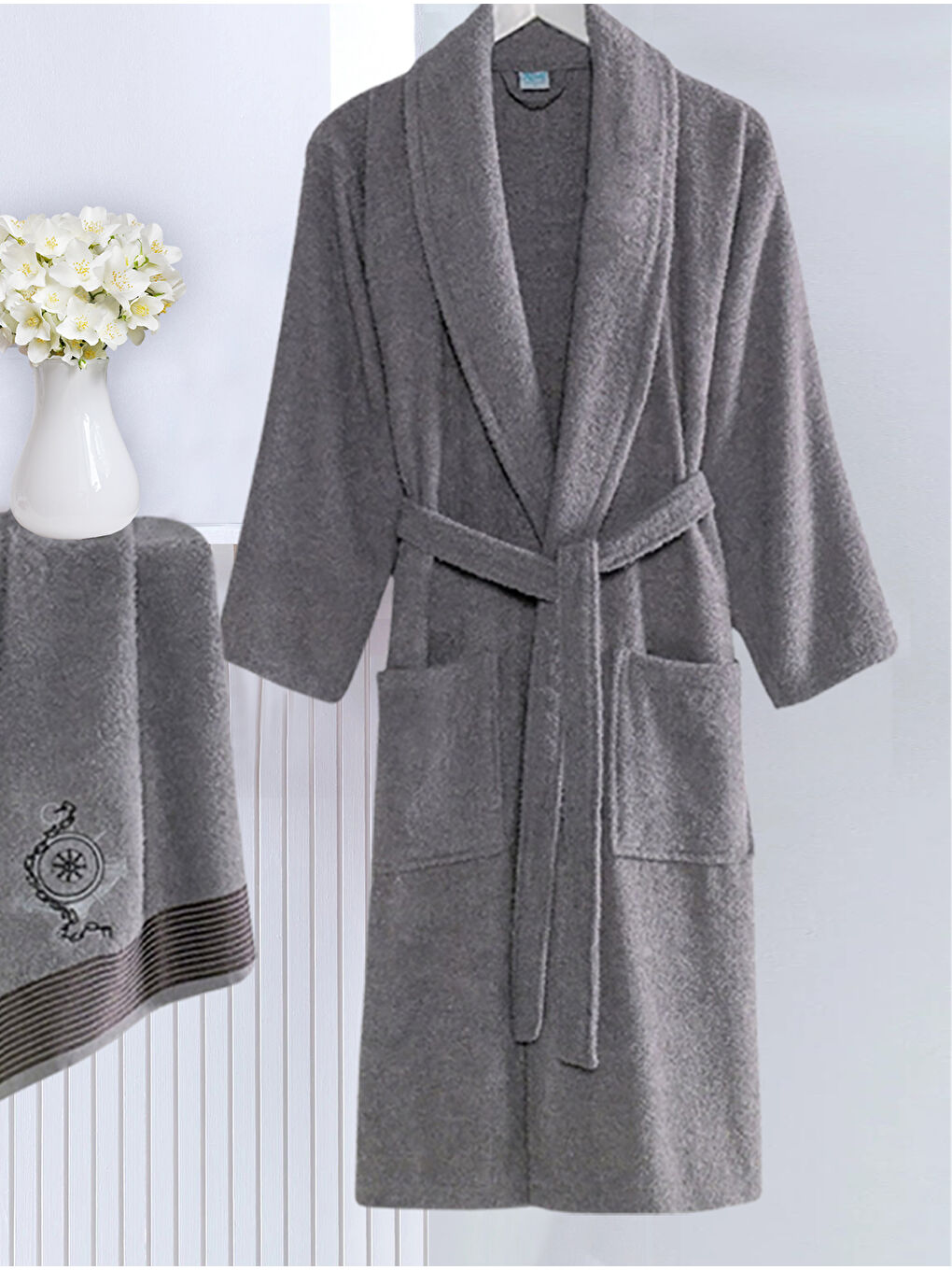 Bornoz - Nakışlı Havlu Seti Cora Antrasit L/XL+45x85cm-2