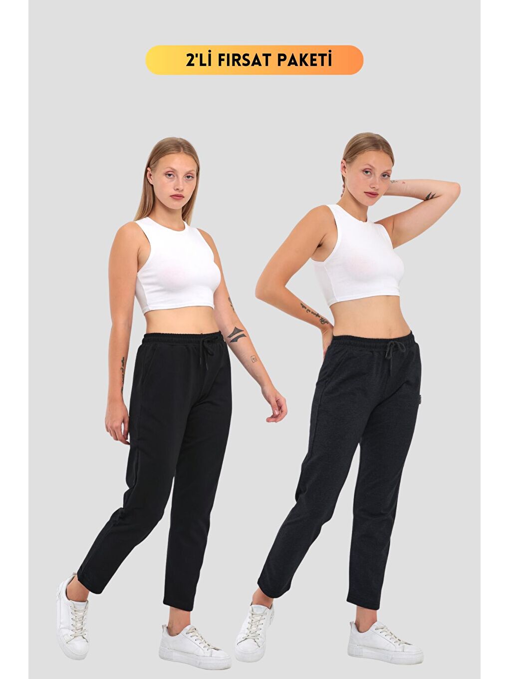 Siyah 2'li Kadın Lacivert Klasik Cepli Eşofman Altı