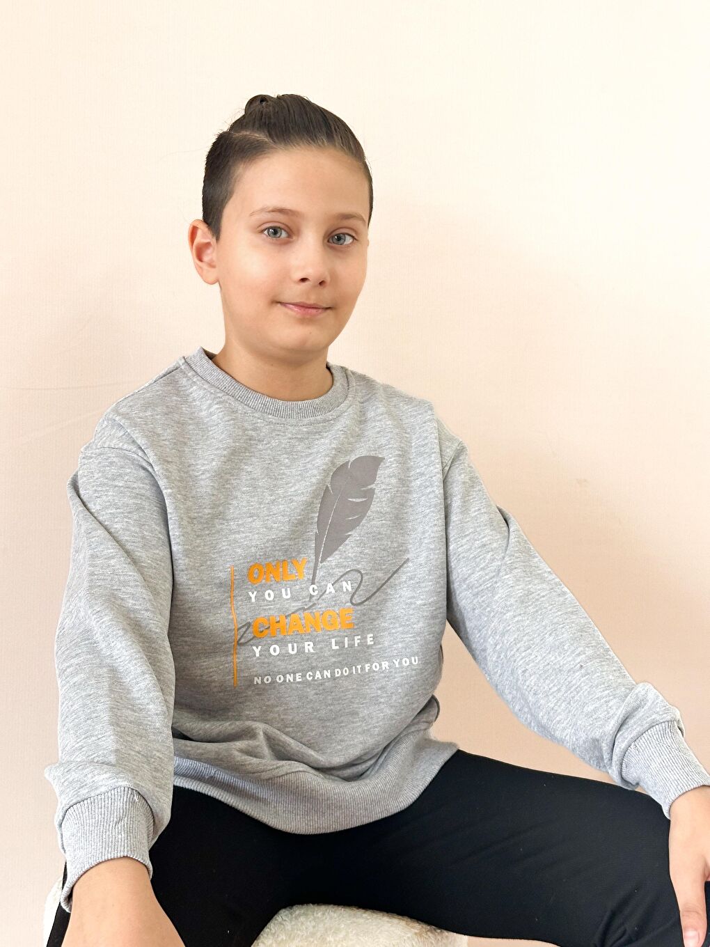 Gri Sıfır Yaka Baskılı Sweat-1