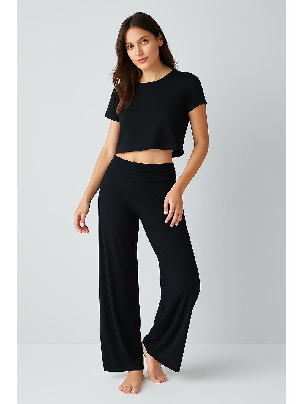 Siyah Düz Paça Katlanan Bel Esnek Viskoz Pantolon VTP01-1