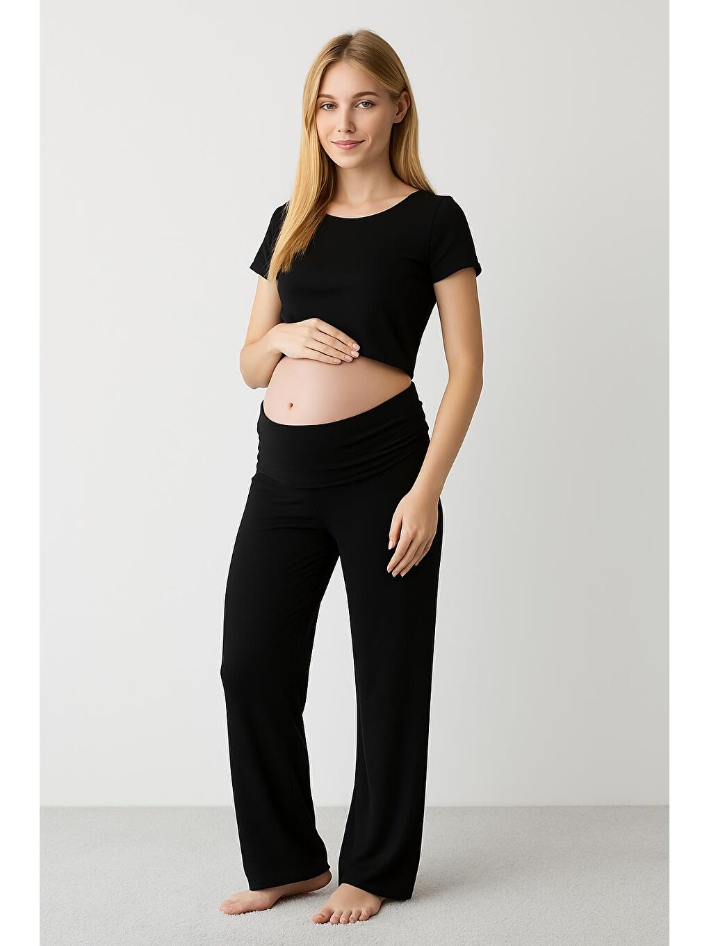 Siyah Düz Paça Katlanan Bel Esnek Viskoz Pantolon VTP01-5