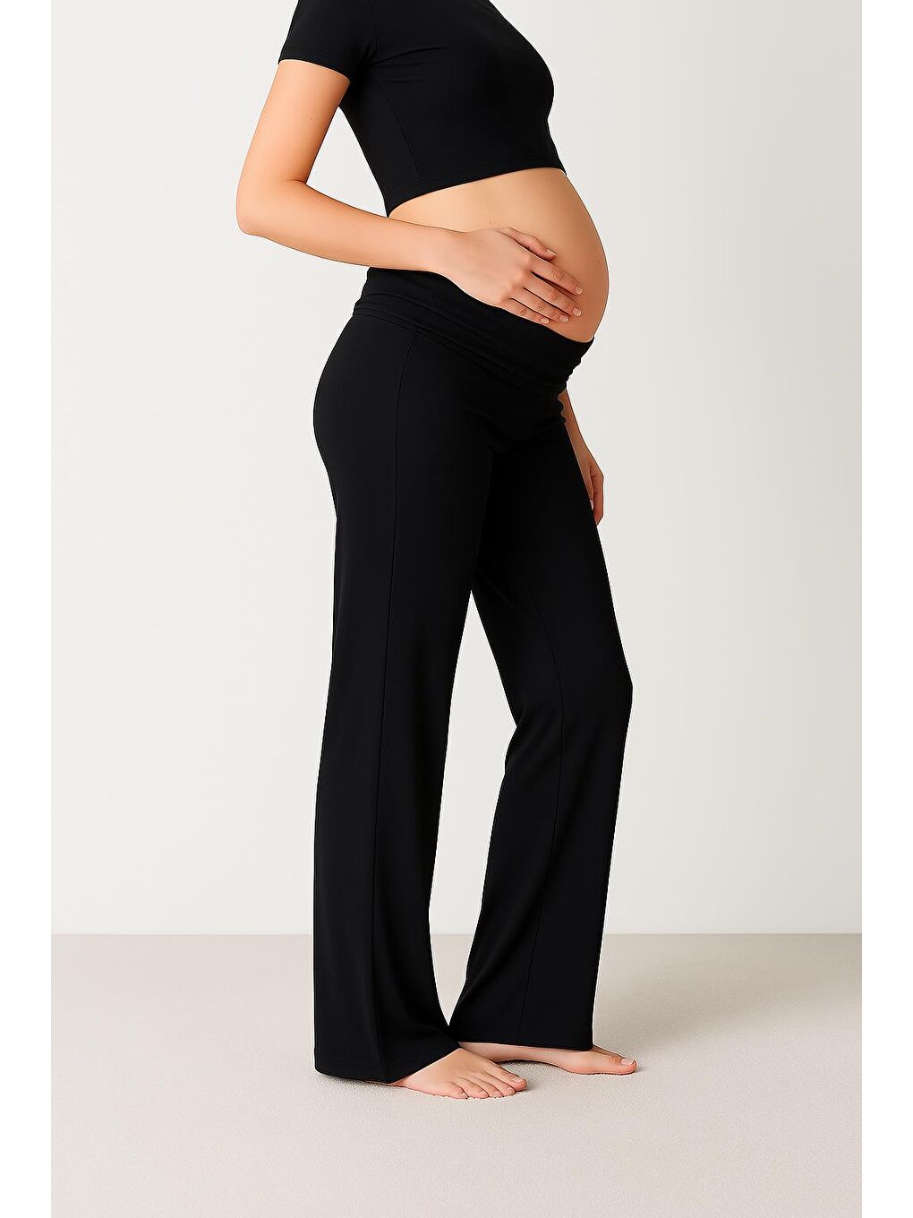 Siyah Düz Paça Katlanan Bel Esnek Viskoz Pantolon VTP01-6