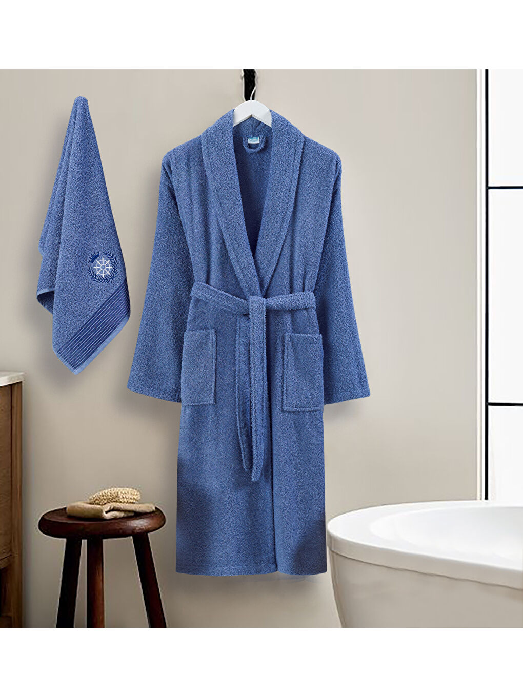 Bornoz - Nakışlı Havlu Seti Cora İndigo Mavi L/XL+45x85cm