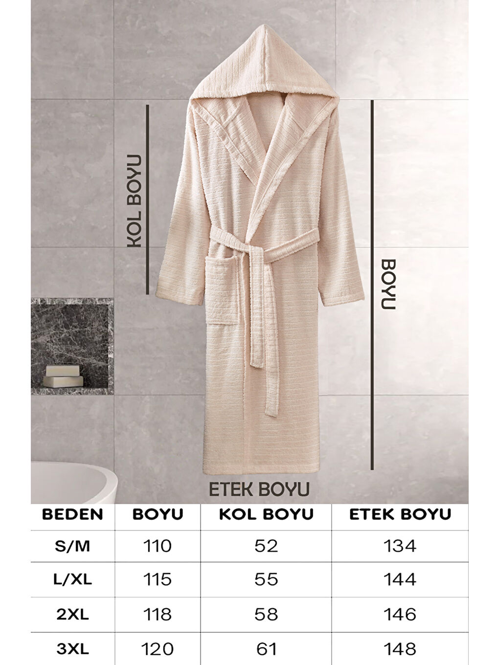 Kapüşonlu Bornoz Doğa Bej L/XL-2