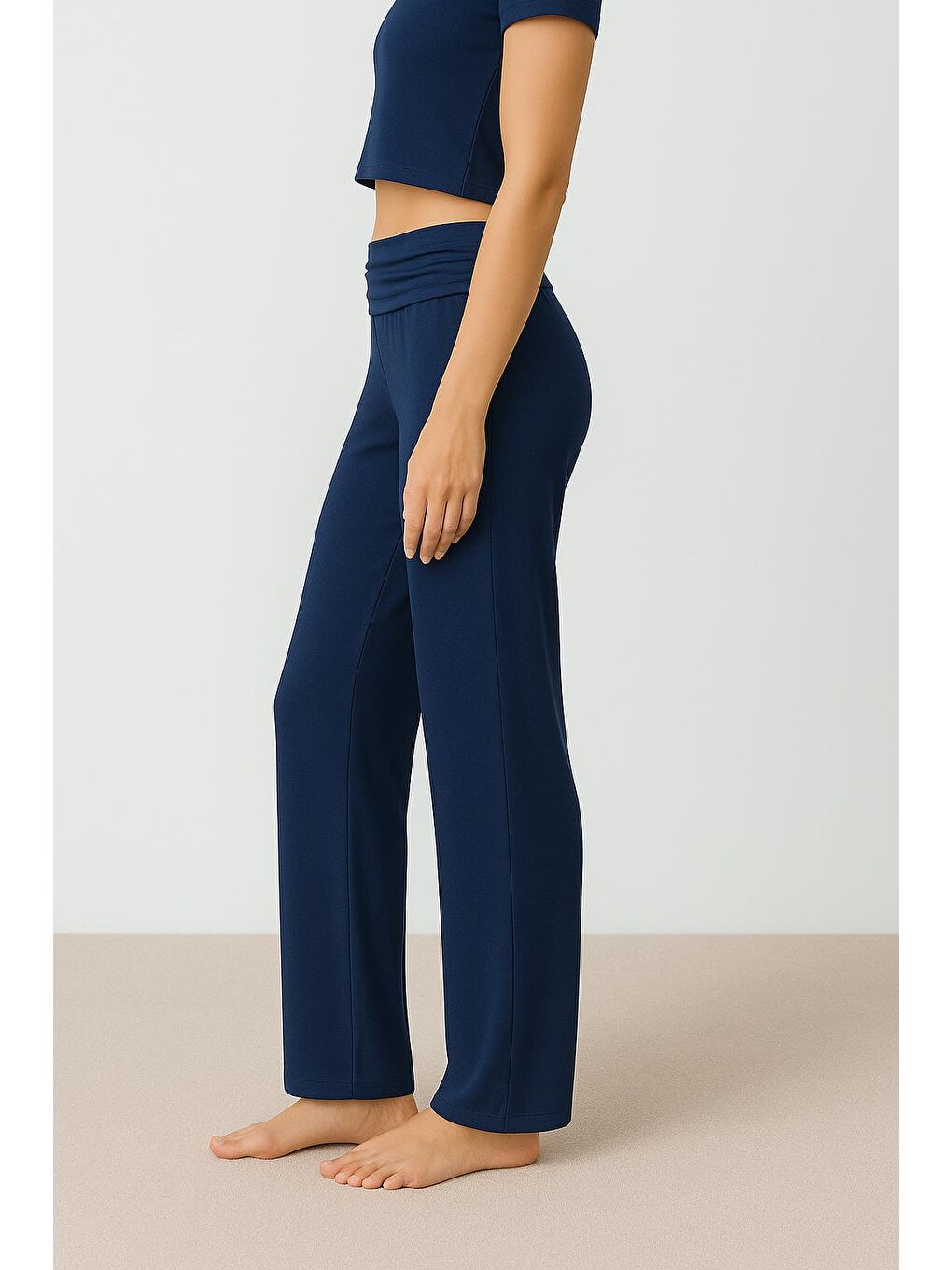 Lacivert Düz Paça Katlanan Bel Esnek Viskoz Pantolon VTP01-1