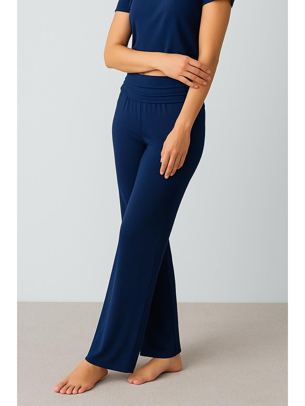 Lacivert Düz Paça Katlanan Bel Esnek Viskoz Pantolon VTP01-2