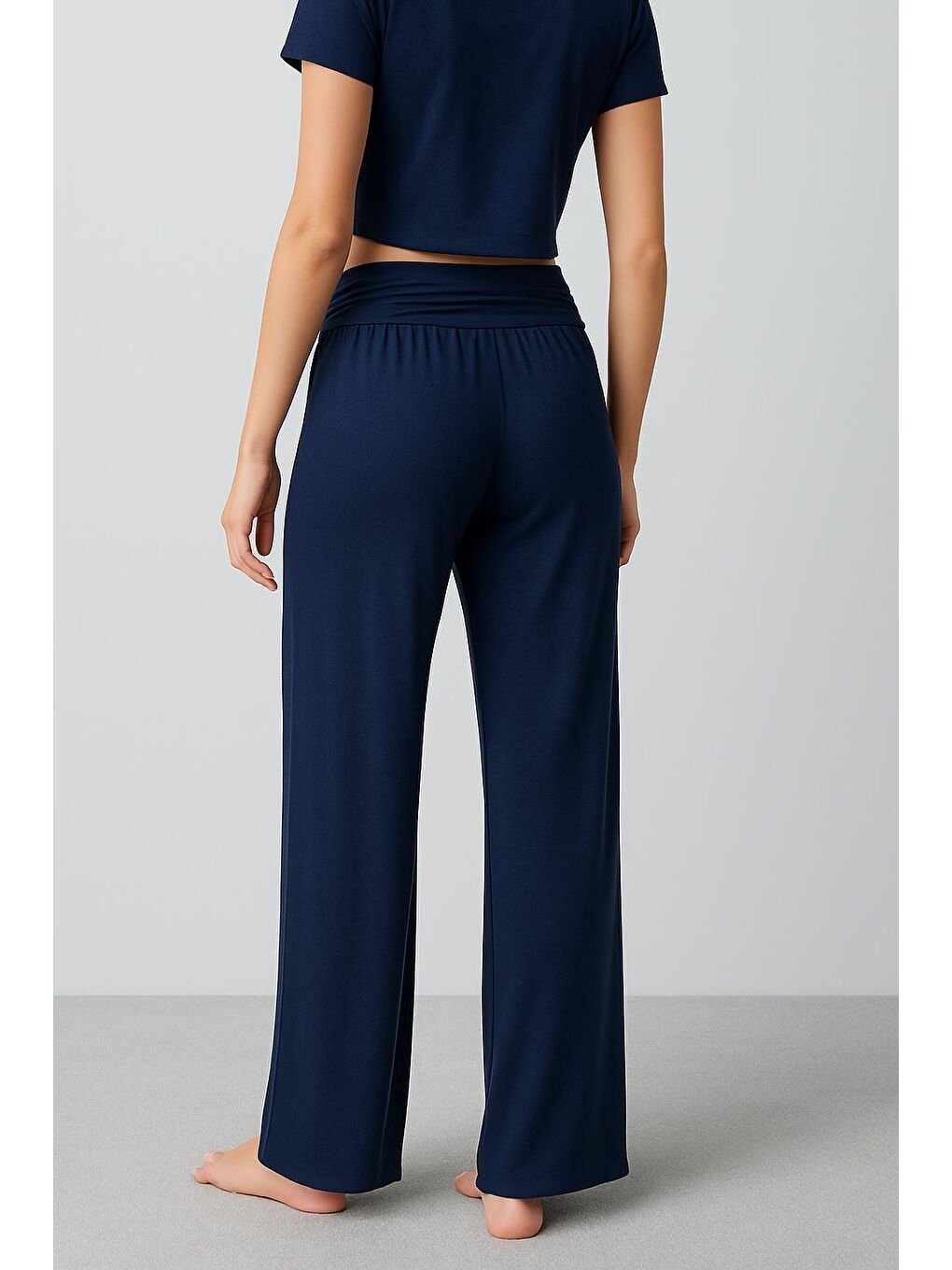 Lacivert Düz Paça Katlanan Bel Esnek Viskoz Pantolon VTP01-3