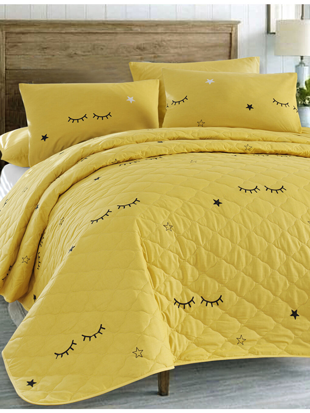 Kapitone Yatak Örtüsü Seti Çift Kişilik Dide Sarı-1