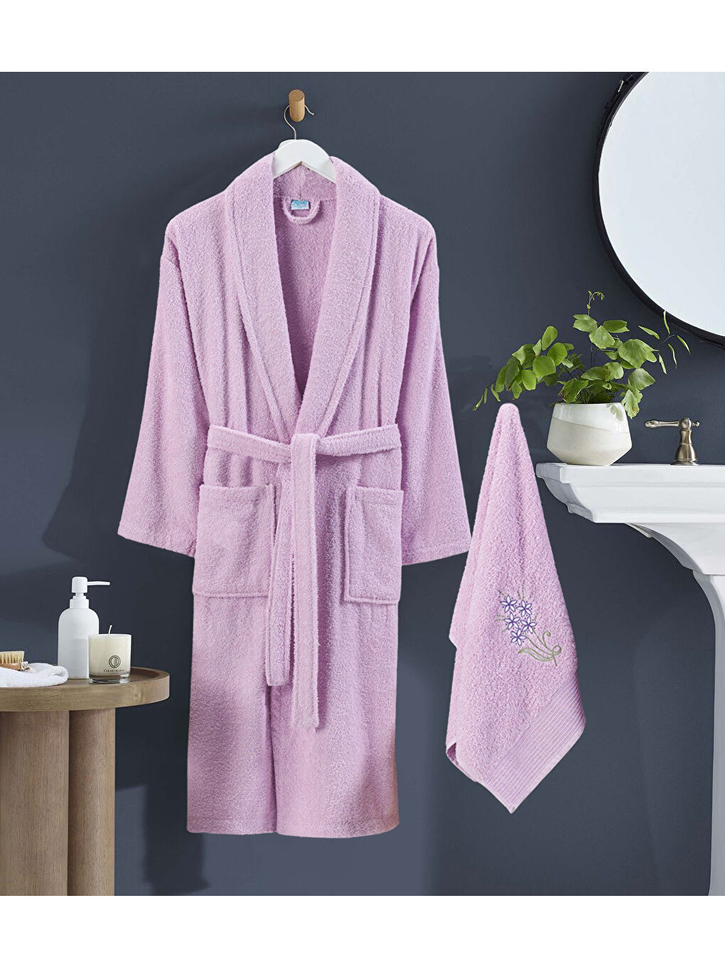 Lila Bornoz - Nakışlı Havlu Seti Cora Leylak L/XL+45x85cm-2