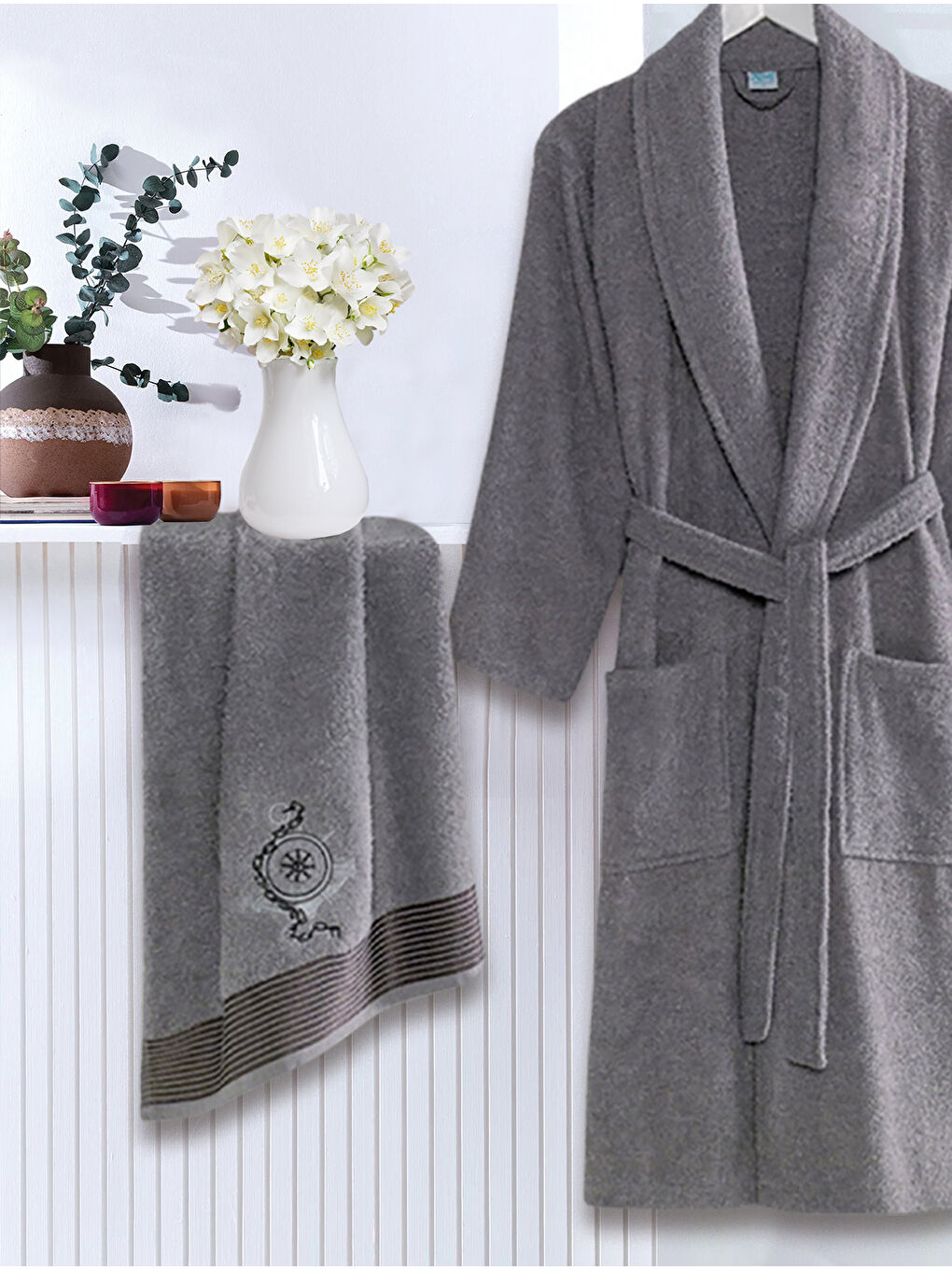 Bornoz - Nakışlı Havlu Seti Cora Antrasit S/M+45x85cm-1