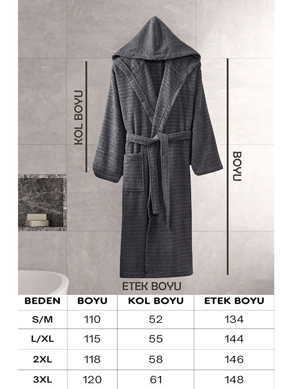 Kapüşonlu Bornoz Doğa Antrasit L/XL-2