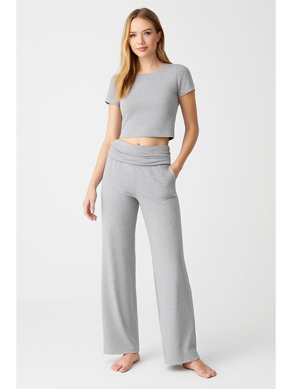 Gri Düz Paça Katlanan Bel Esnek Viskoz Pantolon VTP01