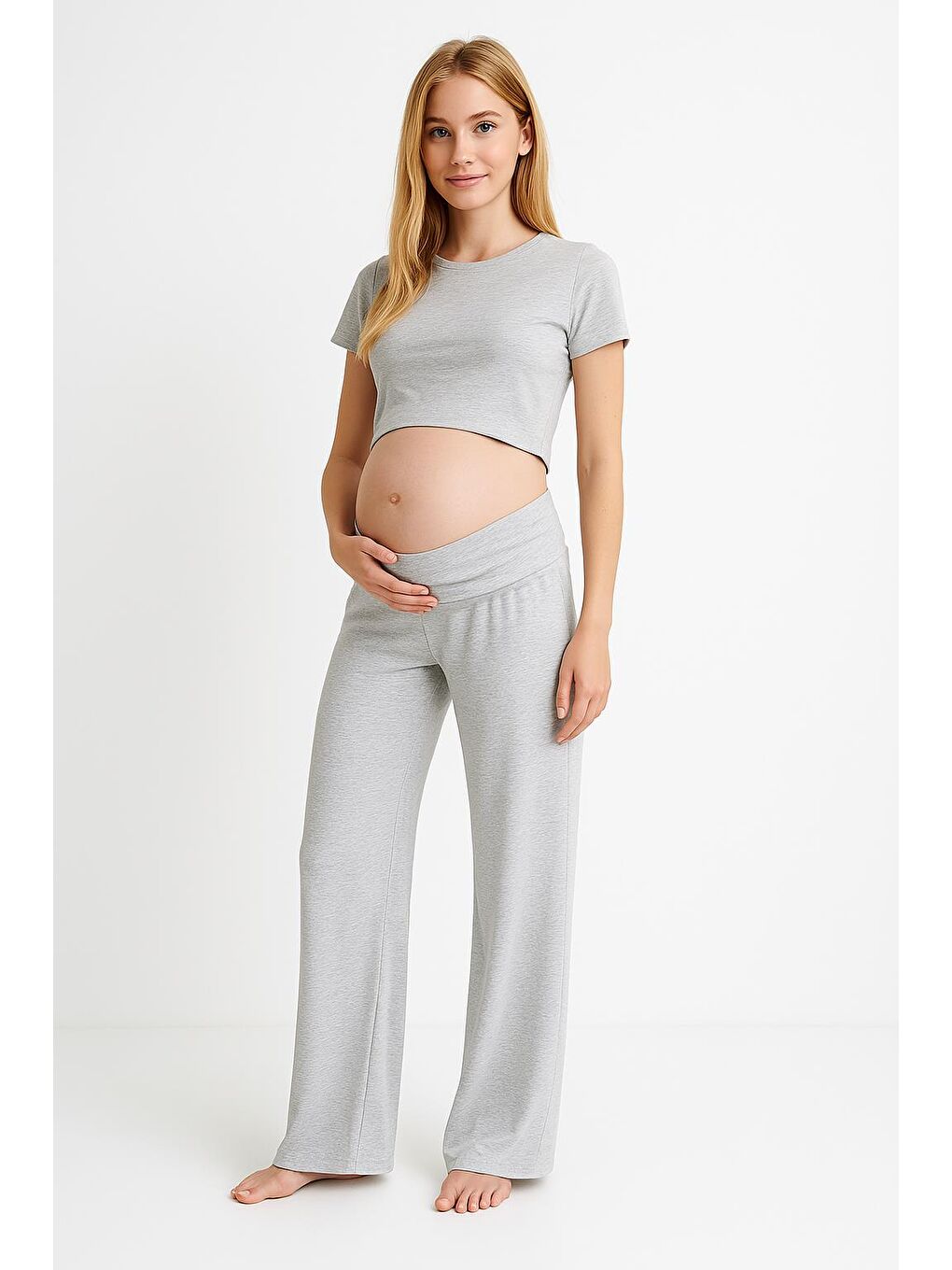 Gri Düz Paça Katlanan Bel Esnek Viskoz Pantolon VTP01-2