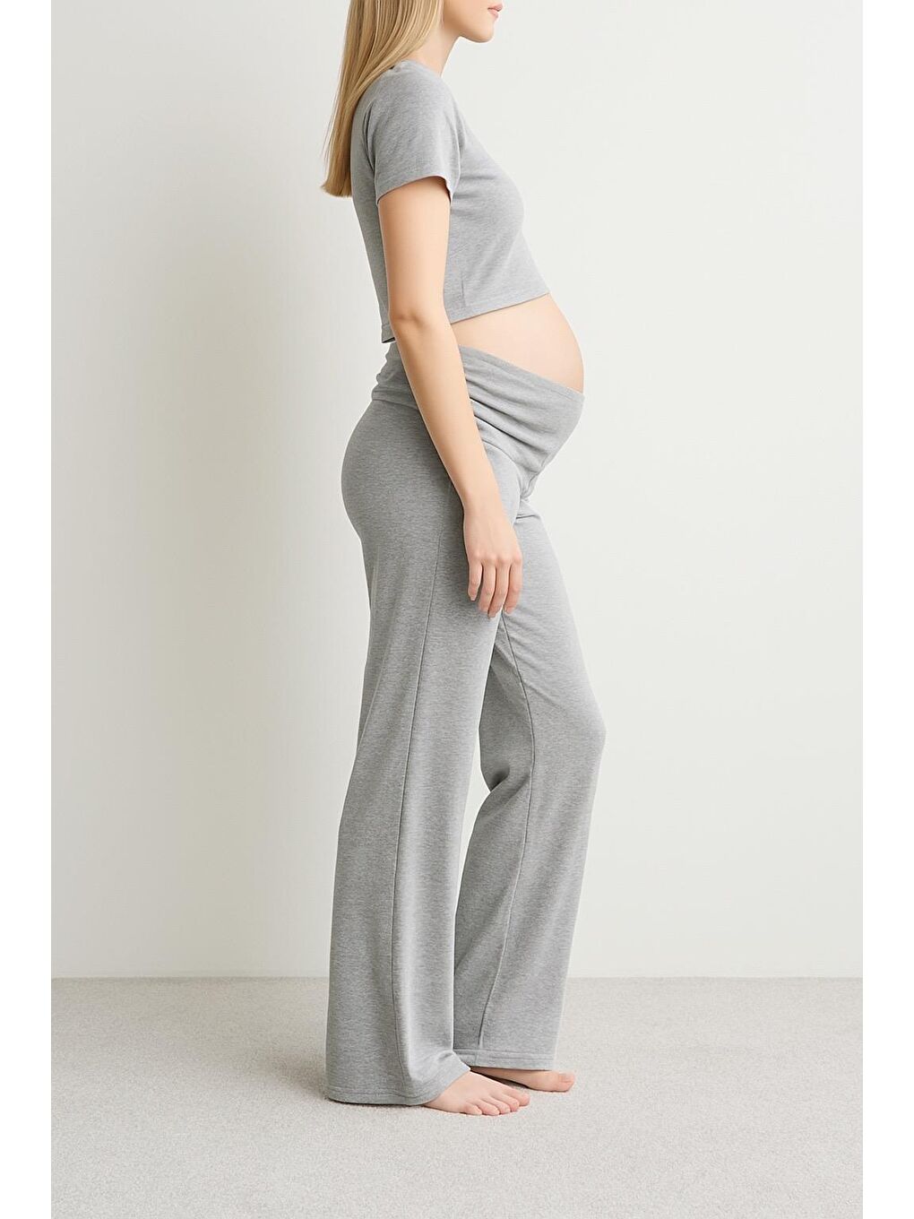 Gri Düz Paça Katlanan Bel Esnek Viskoz Pantolon VTP01-3