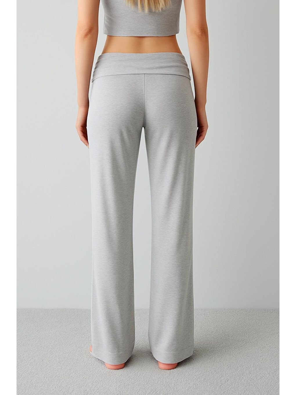 Gri Düz Paça Katlanan Bel Esnek Viskoz Pantolon VTP01-4