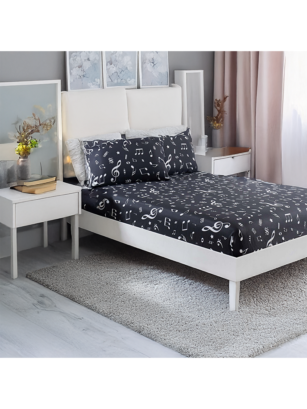 Pes Lastikli Çarşaf Seti Tek Kişilik B&W Melodiy Siyah