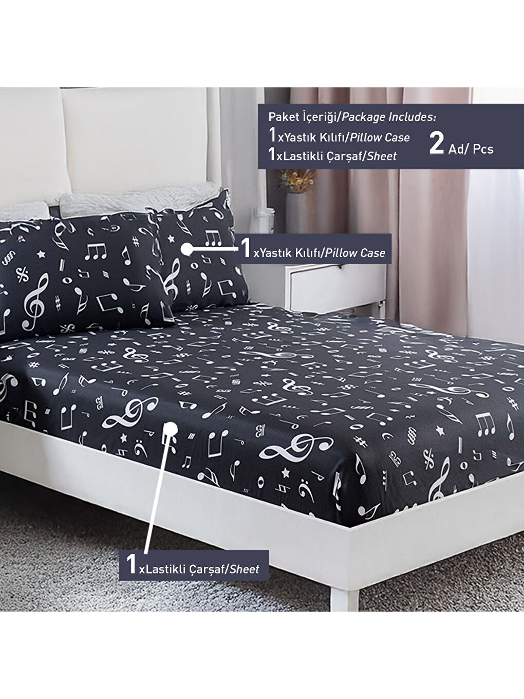Pes Lastikli Çarşaf Seti Tek Kişilik B&W Melodiy Siyah-3