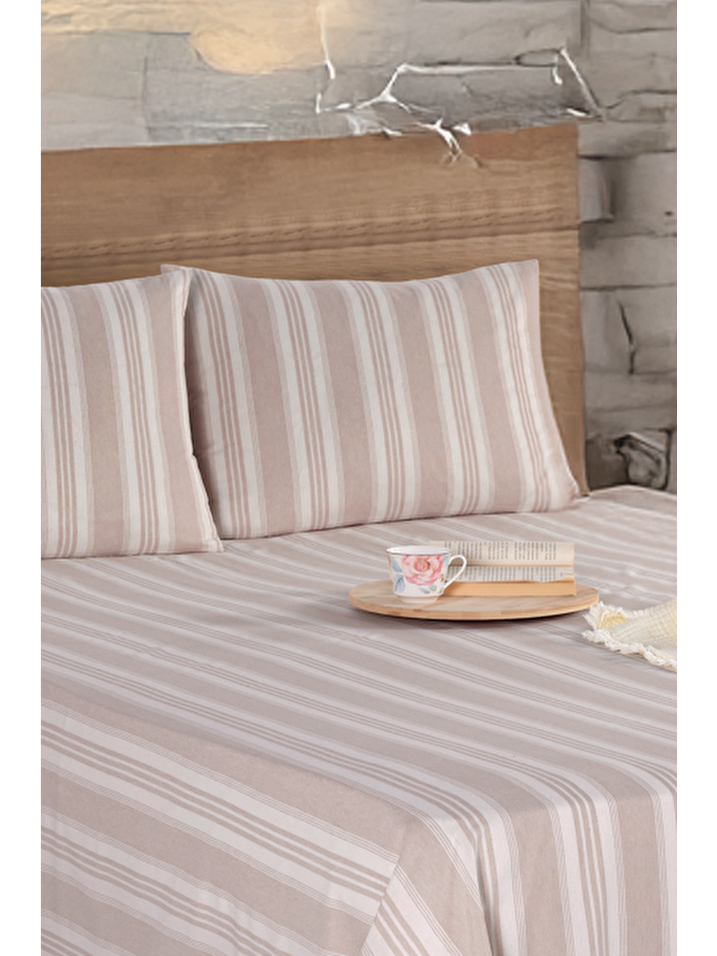 Sport Çizgili Çarşaf + Yastık Kılıfı Seti Tek Kişilik Soft Line Bej-1