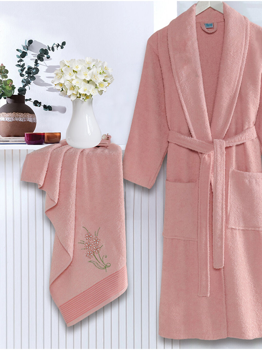 Pembe Bornoz - Nakışlı Havlu Seti Cora Pudra S/M+45x85cm-1