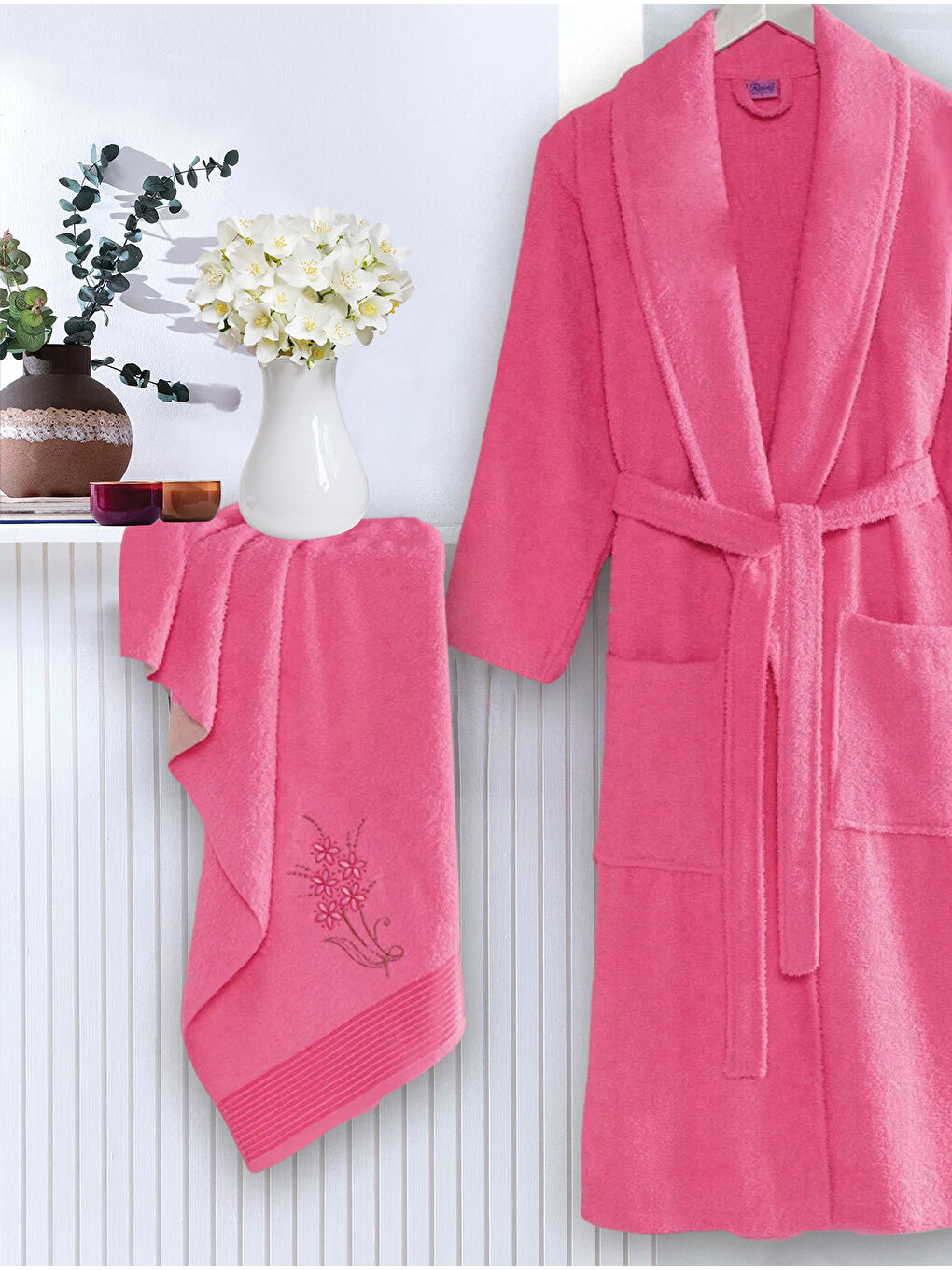 Bornoz - Nakışlı Havlu Seti Cora Fuşya L/XL+45x85cm-1