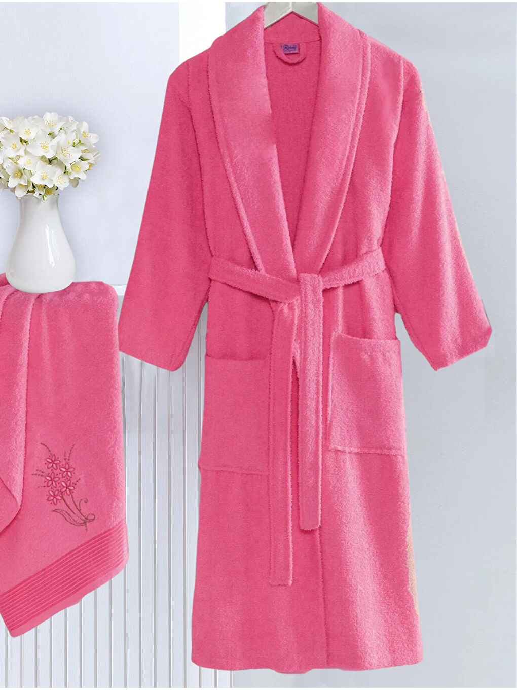 Bornoz - Nakışlı Havlu Seti Cora Fuşya L/XL+45x85cm-2