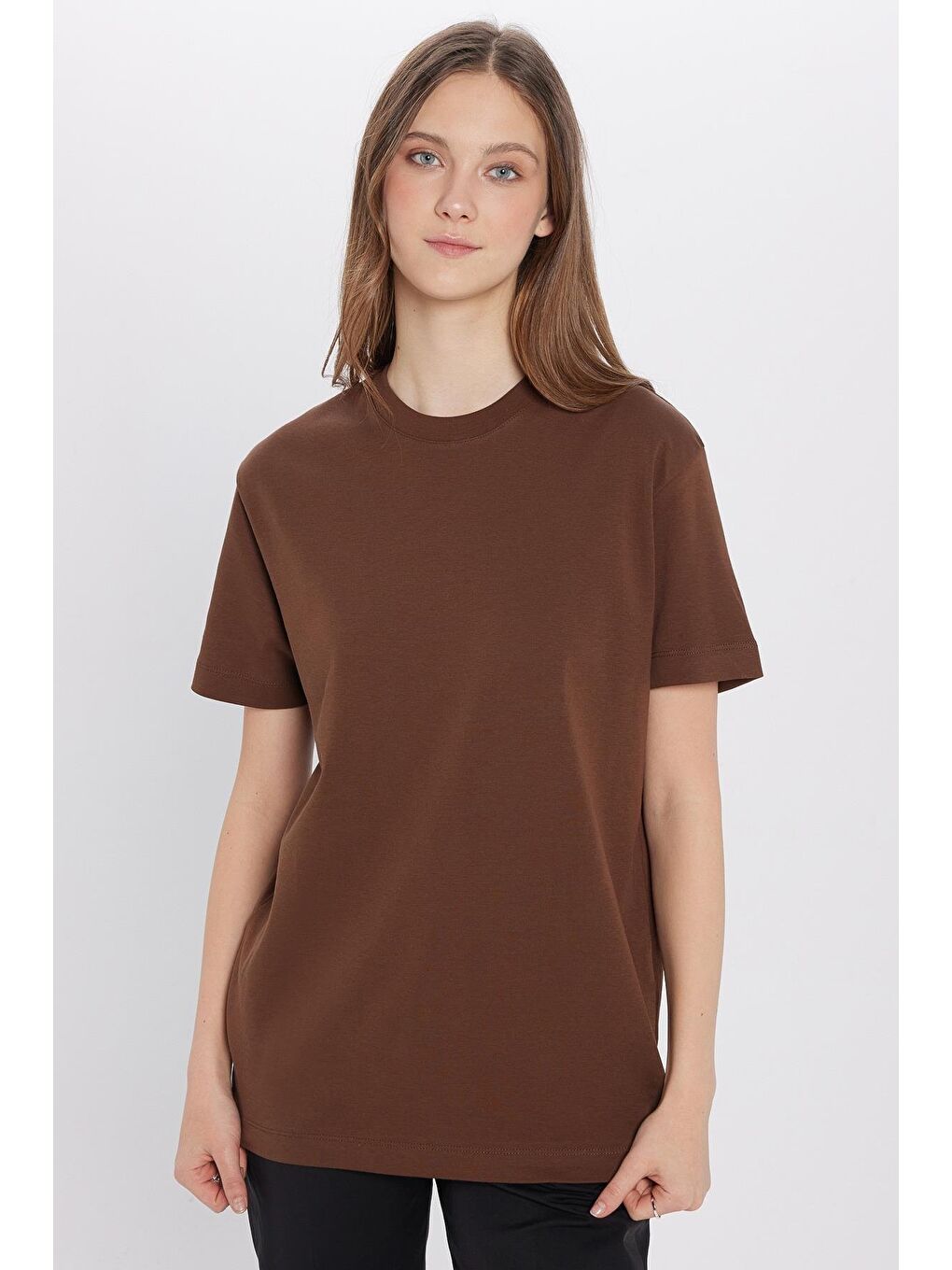 Unisex Relax Fit Rahat Kesim %100 Pamuk Yumuşak Dokulu Basic Bisiklet Yaka Kahverengi Tişört-6