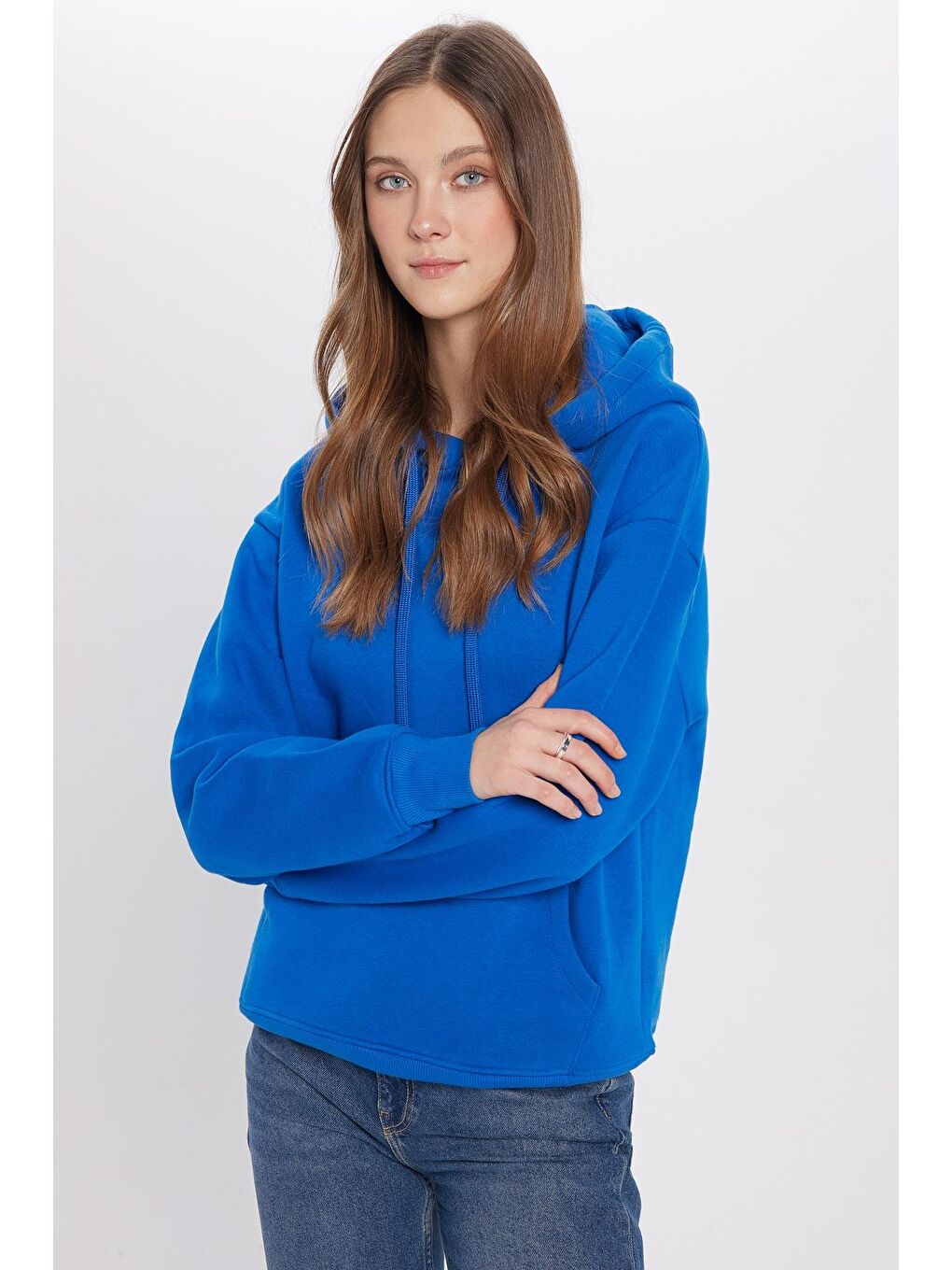 TUDORS Oversize Pamuk Kapüşonlu Basıc Unisex Saks Mavi Hoodie - 2