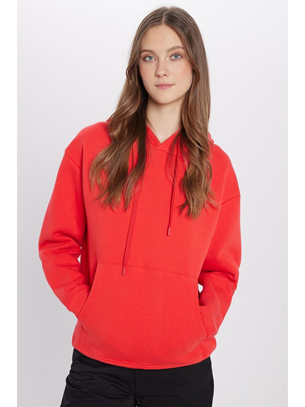 TUDORS Kırmızı Unisex Oversize Geniş Kesim Pamuklu Yumuşak Dokulu İçi Polarlı Basic Nar Renk Kapüşonlu Sweatshirt - 2