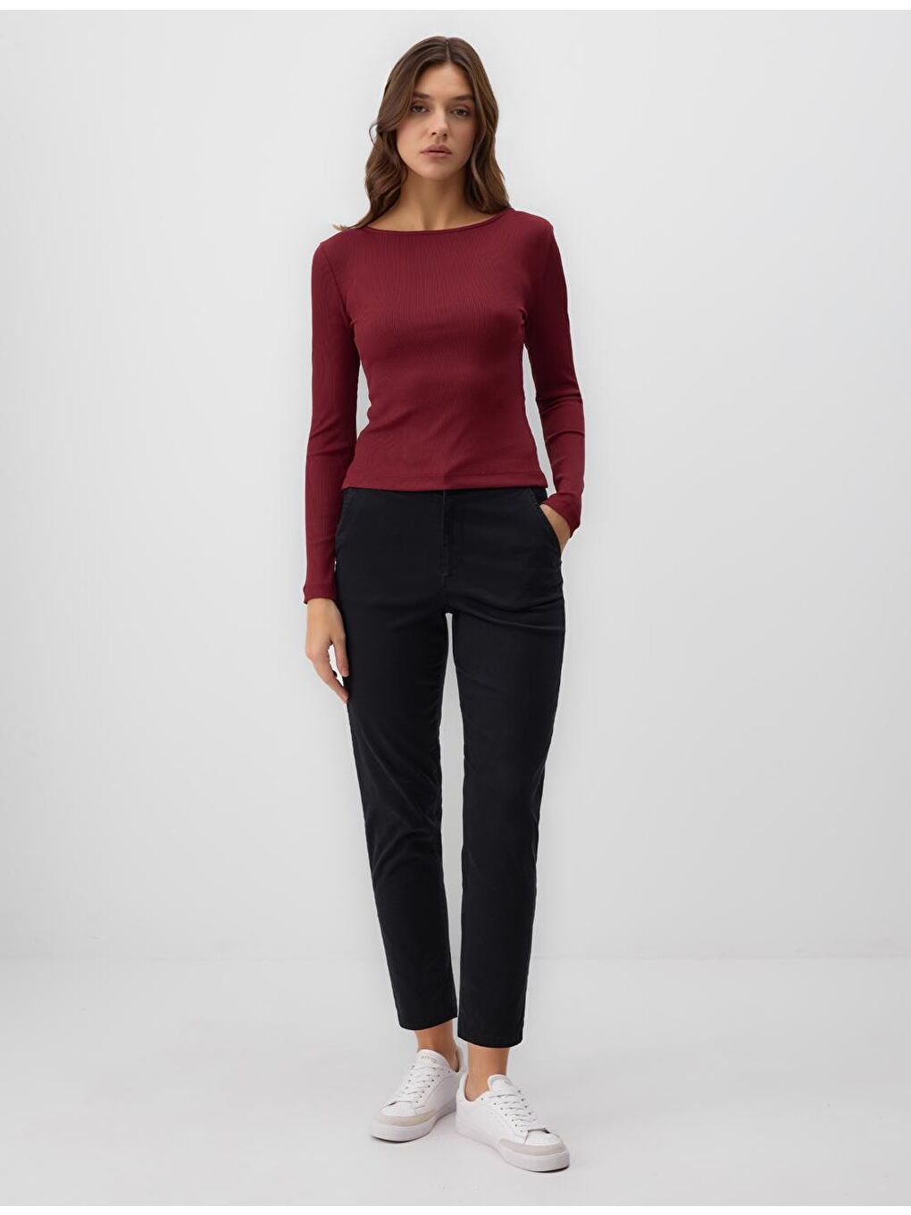 Bordo Dar Kesim Kayık Yaka Örme Bluz-1