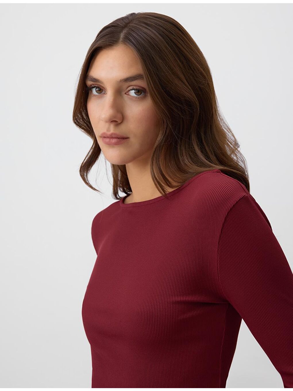 Bordo Dar Kesim Kayık Yaka Örme Bluz-2