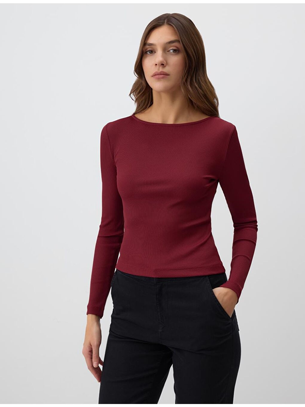 Bordo Dar Kesim Kayık Yaka Örme Bluz-3