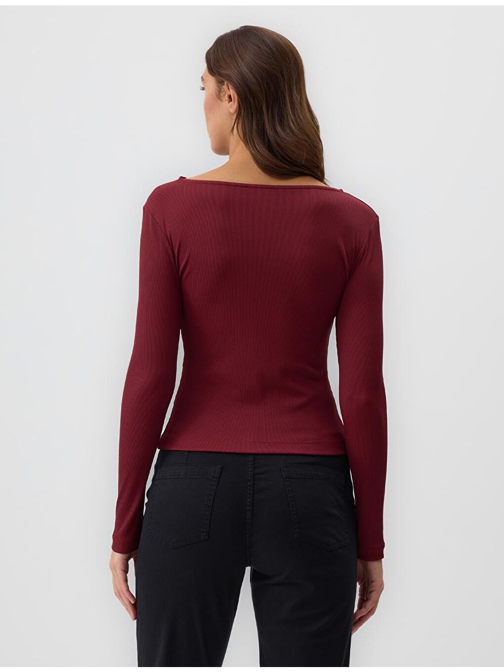 Bordo Dar Kesim Kayık Yaka Örme Bluz-5