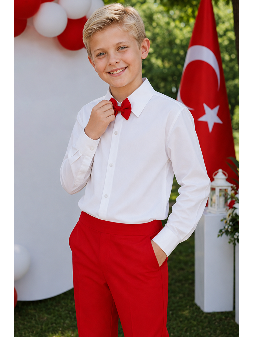 Beyaz Erkek Çocuk Milano Papyonlu Kırmızı Takım 23 Nisan 29 Ekim 10 Kasım 19 Mayıs Gösteri Kıyafetleri-2