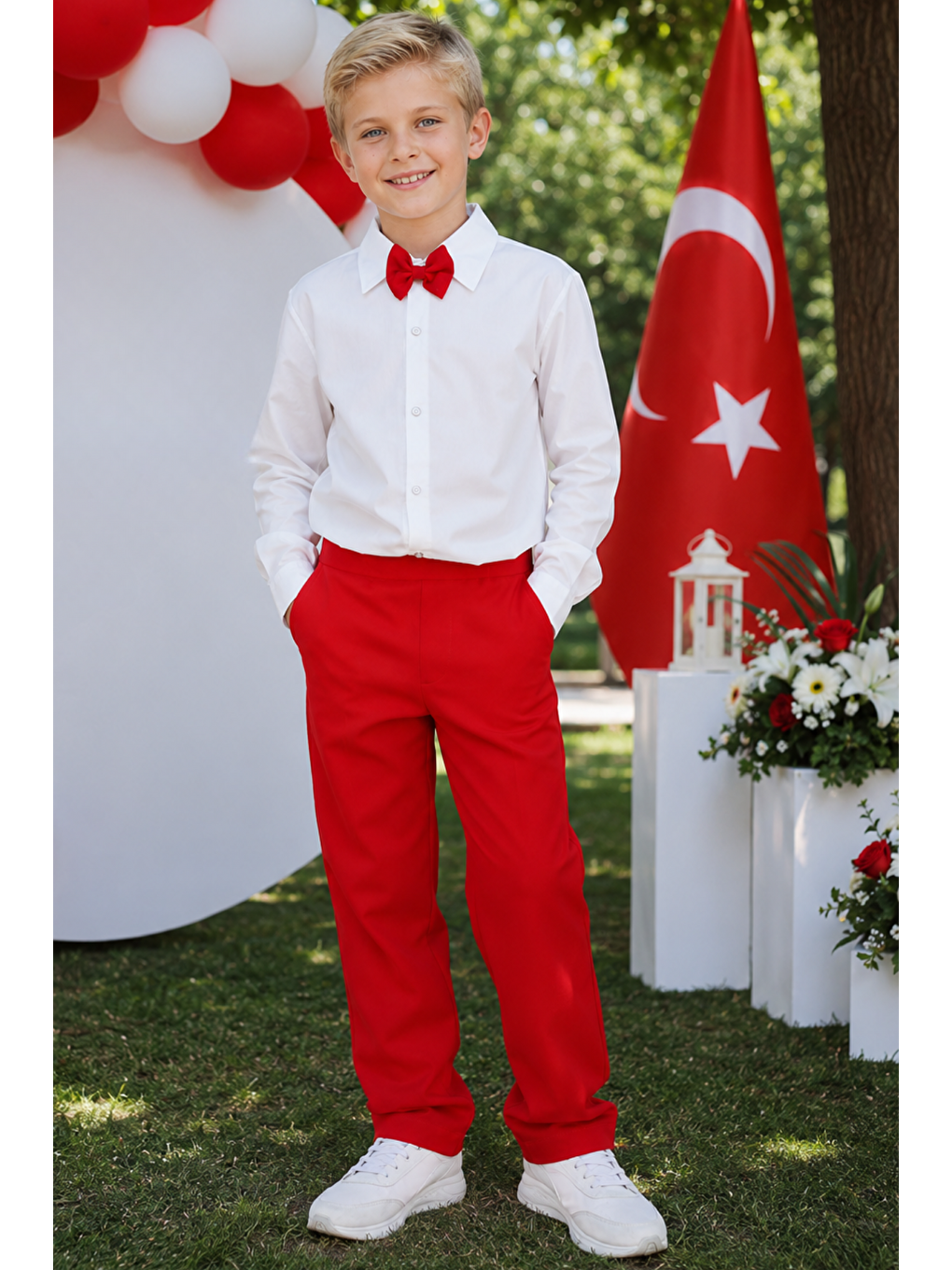 Beyaz Erkek Çocuk Milano Papyonlu Kırmızı Takım 23 Nisan 29 Ekim 10 Kasım 19 Mayıs Gösteri Kıyafetleri-4