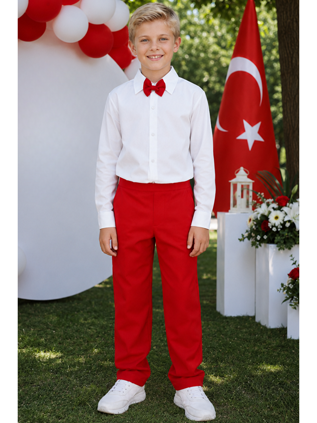 Beyaz Erkek Çocuk Milano Papyonlu Kırmızı Takım 23 Nisan 29 Ekim 10 Kasım 19 Mayıs Gösteri Kıyafetleri-5