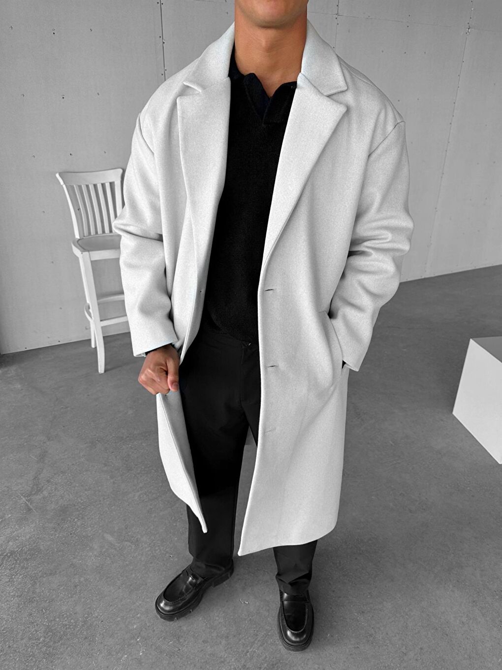 Erkek Oversize Uzun İtalyan Kaşe Kaban Gri-2