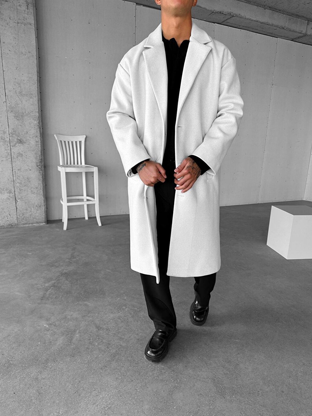 Erkek Oversize Uzun İtalyan Kaşe Kaban Gri-3