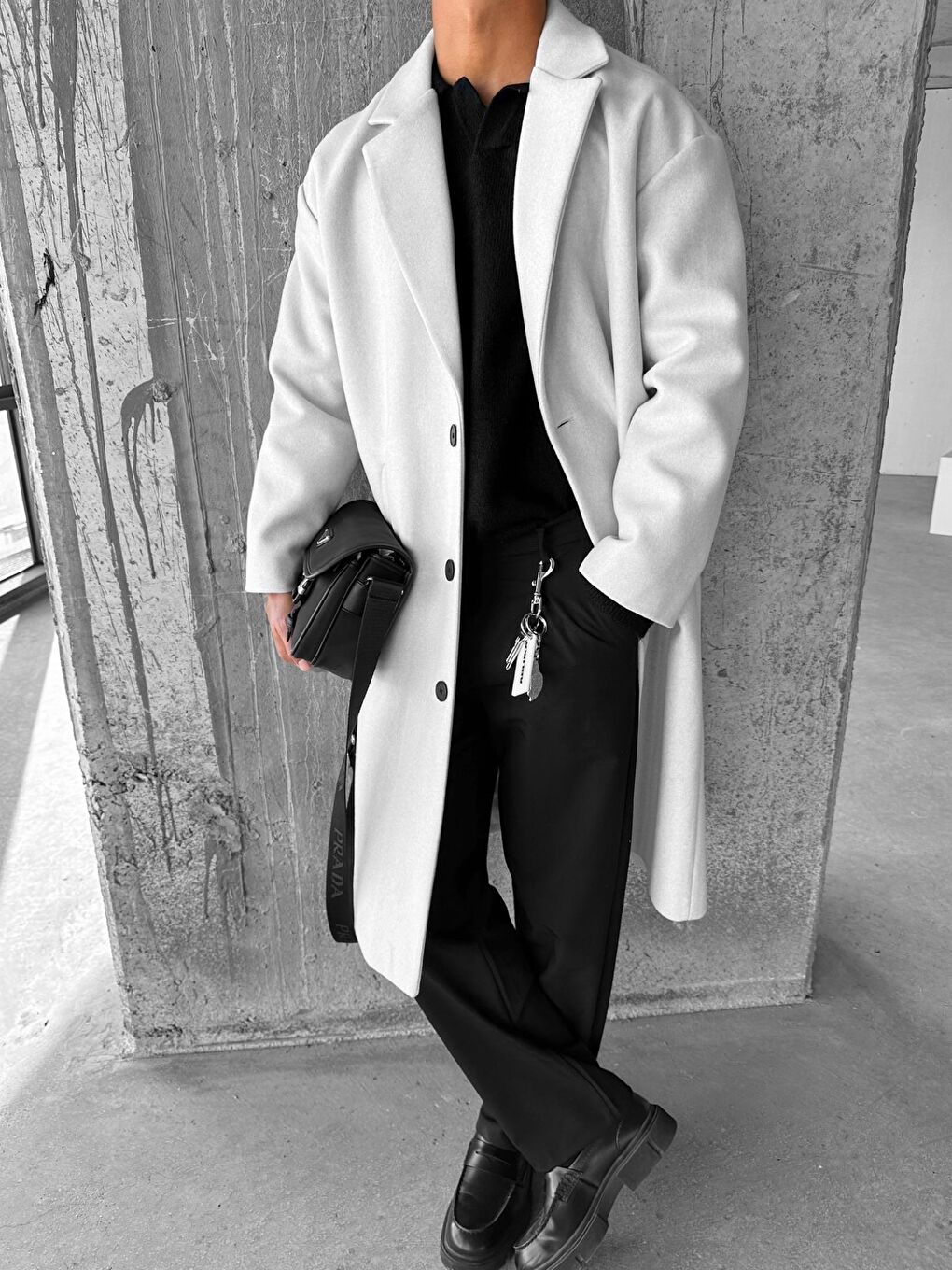 Erkek Oversize Uzun İtalyan Kaşe Kaban Gri