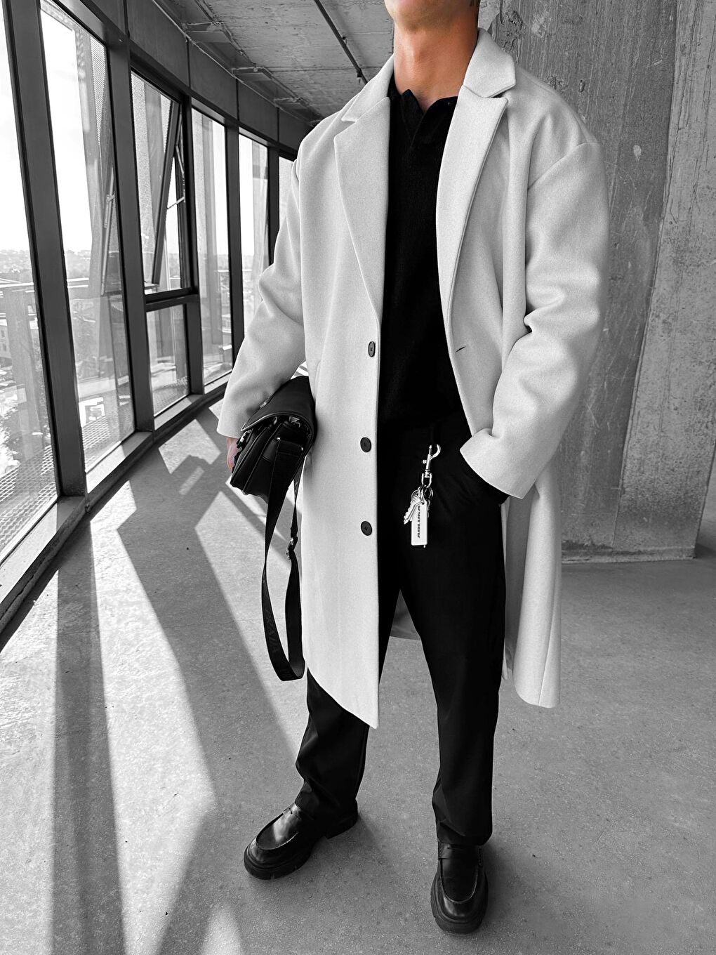 Erkek Oversize Uzun İtalyan Kaşe Kaban Gri-4