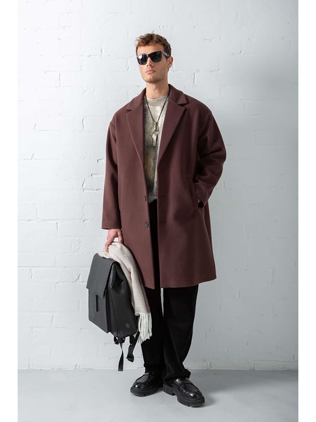 Kahverengi Erkek Oversize Uzun İtalyan Kaşe Kaban Koyu Kahve-1
