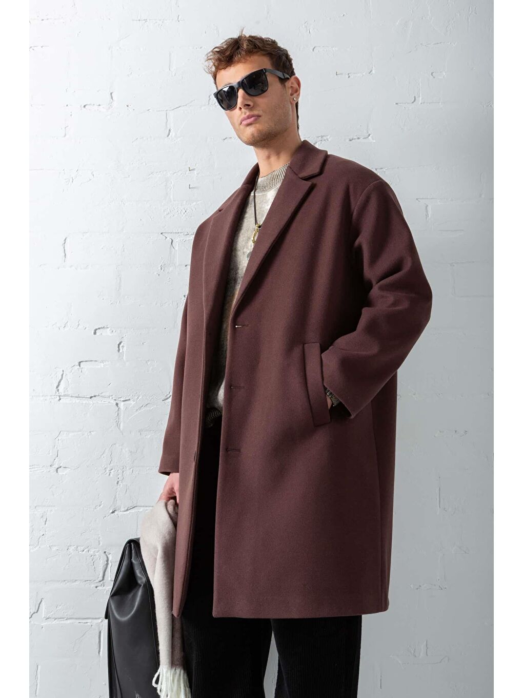 Kahverengi Erkek Oversize Uzun İtalyan Kaşe Kaban Koyu Kahve-2