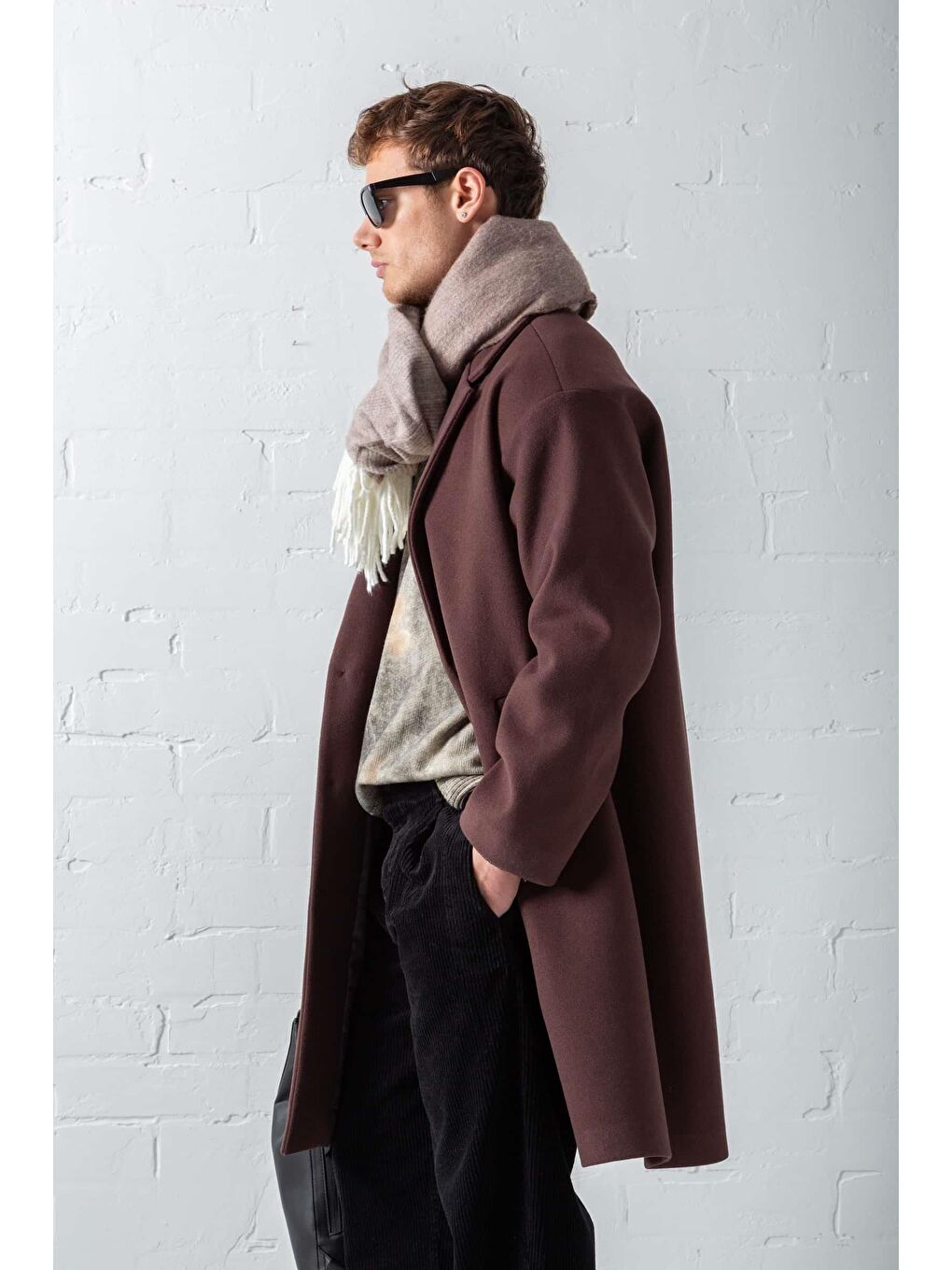 Kahverengi Erkek Oversize Uzun İtalyan Kaşe Kaban Koyu Kahve-3