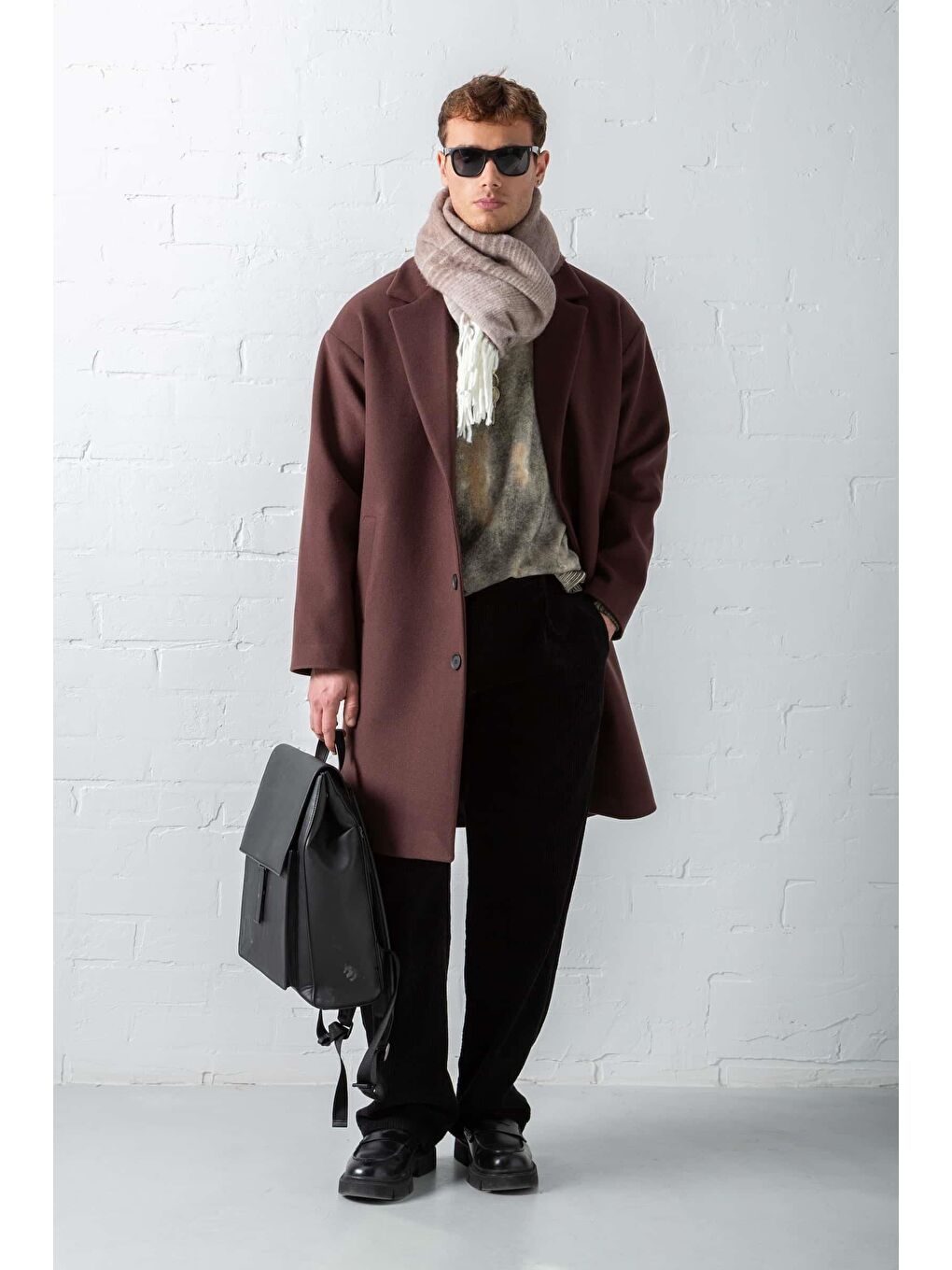 Kahverengi Erkek Oversize Uzun İtalyan Kaşe Kaban Koyu Kahve-4