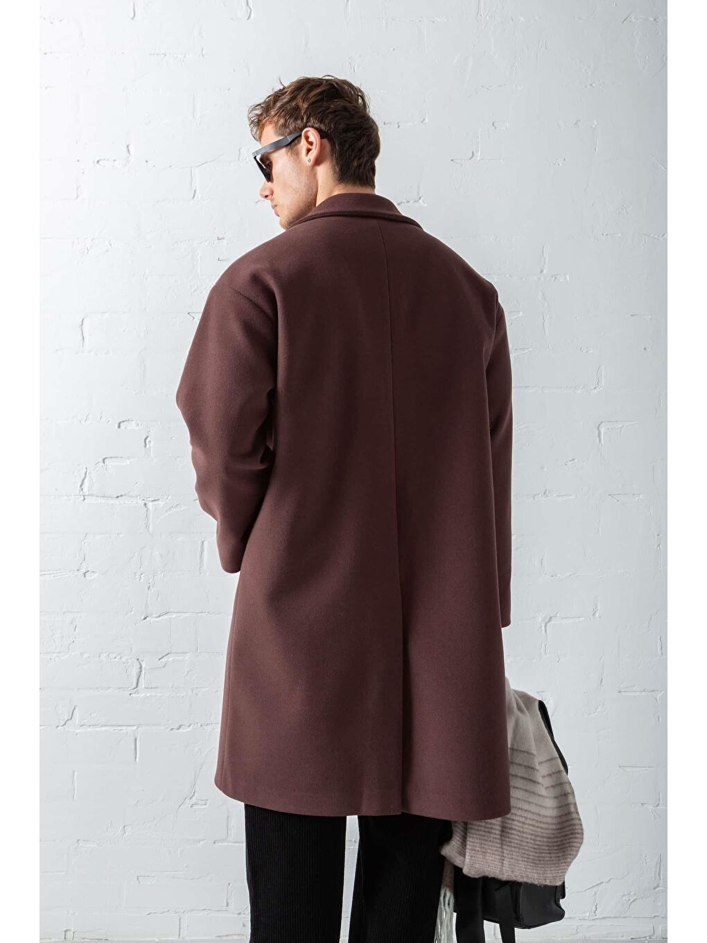 Kahverengi Erkek Oversize Uzun İtalyan Kaşe Kaban Koyu Kahve-5